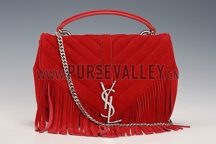 Saint Laurent College Matelasse Medium Fringed Suede Bag Red