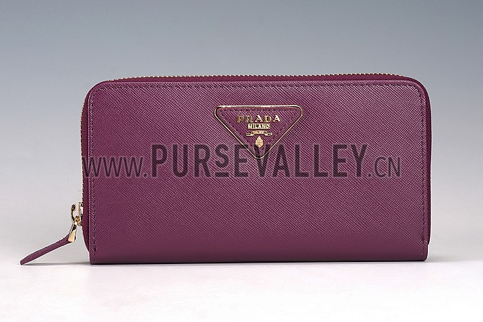 Prada Saffiano Leather Zip Around Small Purple Wallet