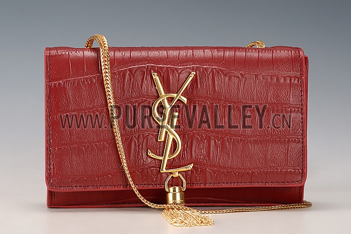 Saint Laurent Medium Tassel Crocodile Leather Clutch Bag Dark Red