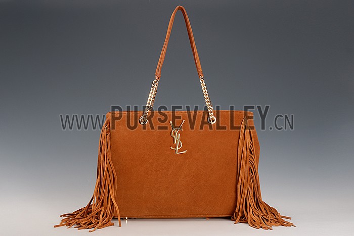 Saint Laurent Monogram Fringe Suede Chain Strap Tote Tan