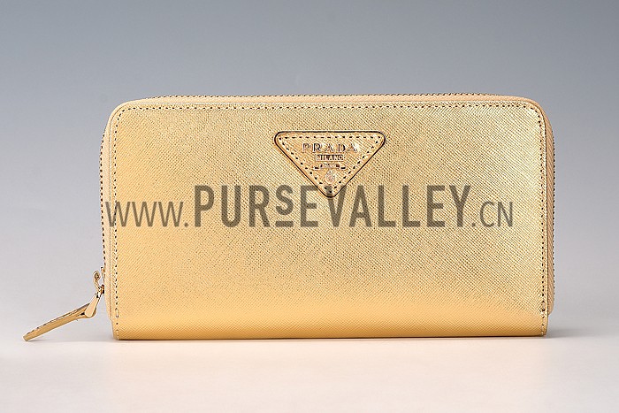 Prada Saffiano Leather Zip Around Small Gold Wallet
