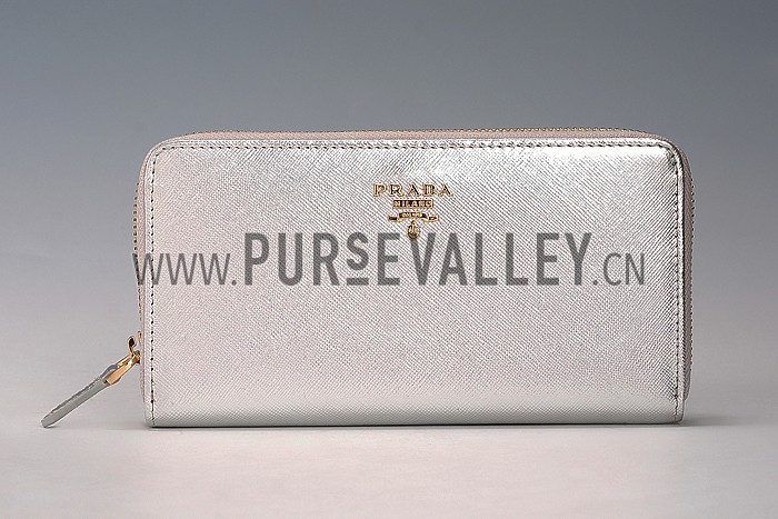 Prada Saffiano Leather Zip Around Silver Wallet