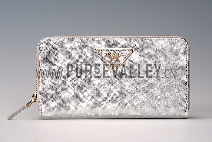 Prada Saffiano Leather Zip Around Small Silver Wallet