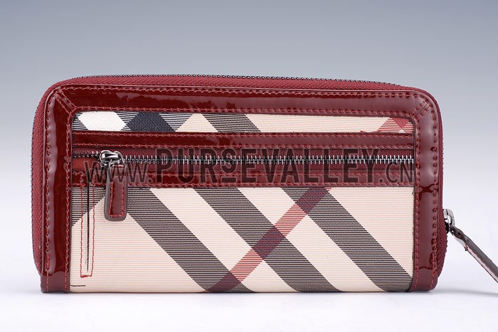 Burberry Nova Check Zip Around Large Wallet Burgundy Trim