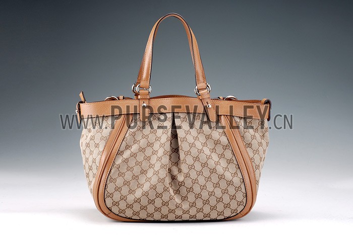 Gucci Belted Large Top Handle Bag Canvas Fabric Tan 7773