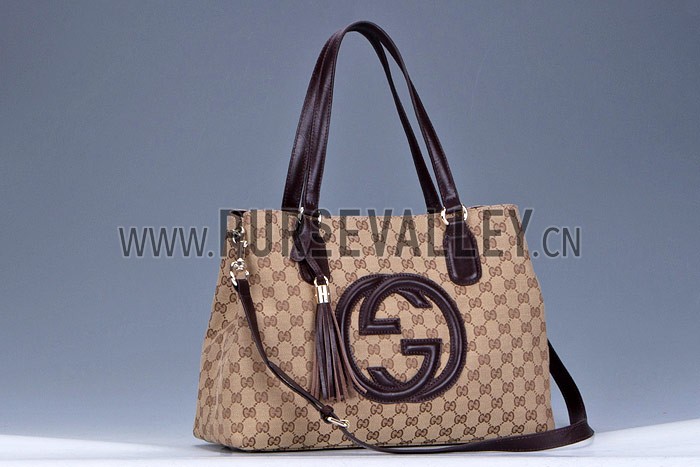 Gucci Soho Dark Brown Trim Logo Printed Canvas Working Tote