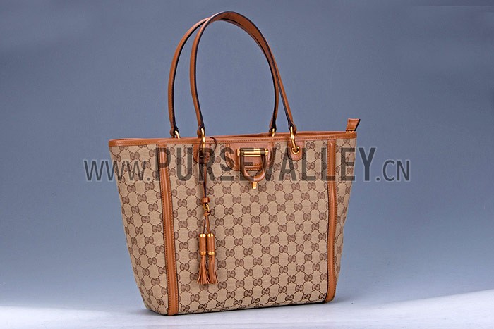 Gucci Large Logo Printed Canvas Tan Leather Trim Shopper Tote