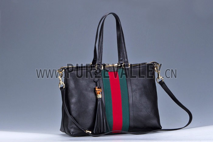 Gucci Rania Web Black Leather Top Handle Tote