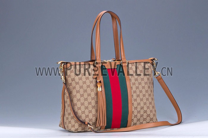 Gucci Rania Web GG Canvas with Tan Leather Trim Top Handle Tote