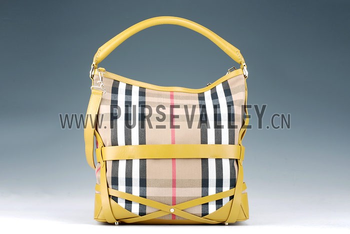 Burberry Large Bridle House Check Belted Hobo Bag Yellow