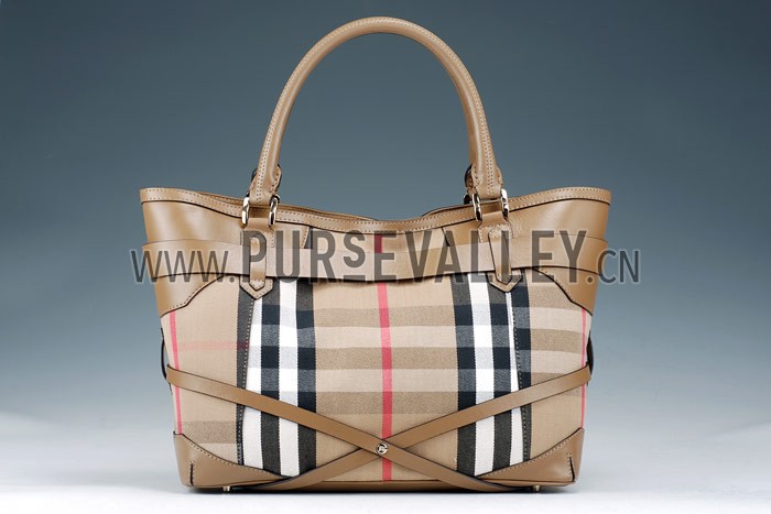 Burberry Medium Bridle House Check Belted Tote Khaki