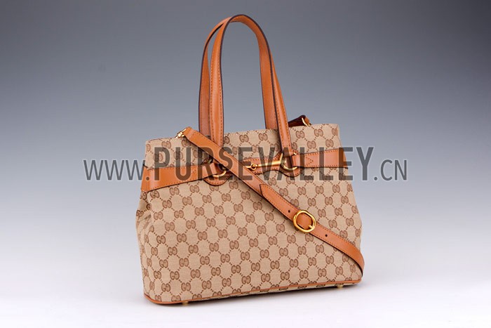 Gucci Bright Bit GG Canvas Cognac Leather Trim Top Handle Tote