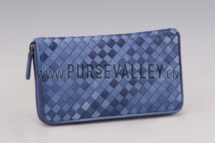 Bottega Veneta Intrecciato Nappa Zip Around Wallet Dark Blue
