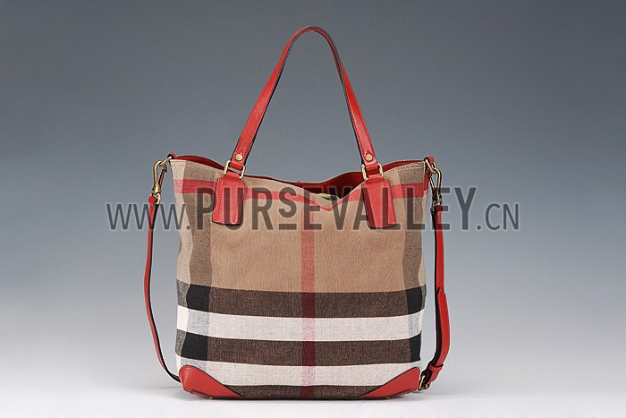 Burberry Large Canvas Check Tote Bag Red 607812