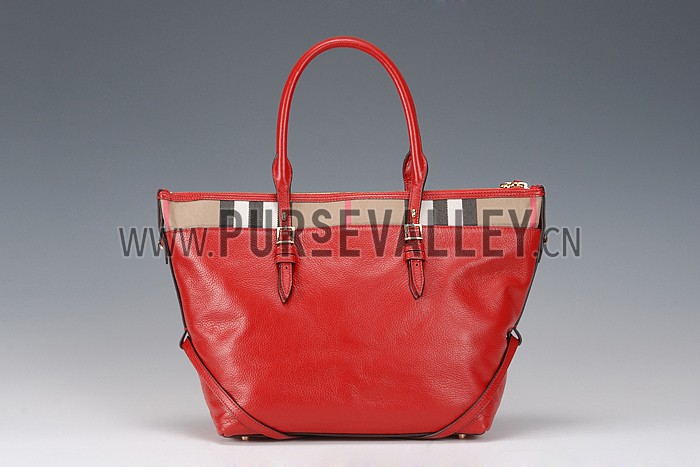 Burberry Small Leather and House Check Tote Bag Red 607824