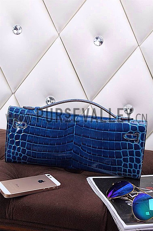 Hermes Kelly Longue Clutch Crocodile Leather Blue Electric 608167