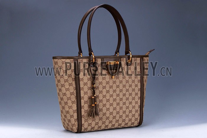 Gucci Large Logo Printed Canvas Brown Leather Trim Shopper Tote