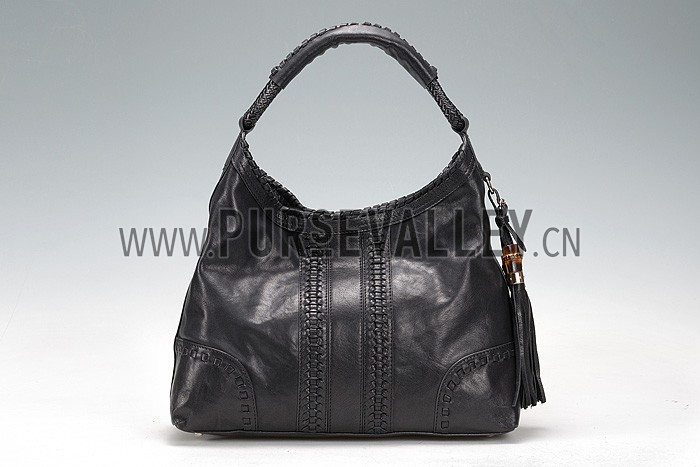 Gucci Medium Woven Tassels Black Leather Hobo 607325