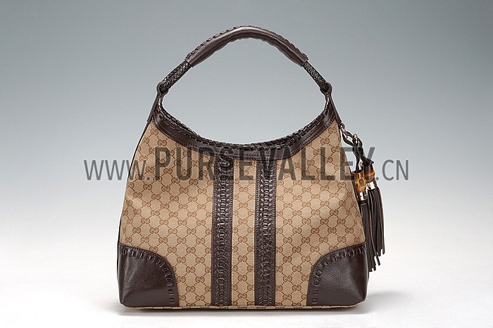 Gucci Medium Woven Tassels Brown Leather Trim Guccissima Hobo 607326