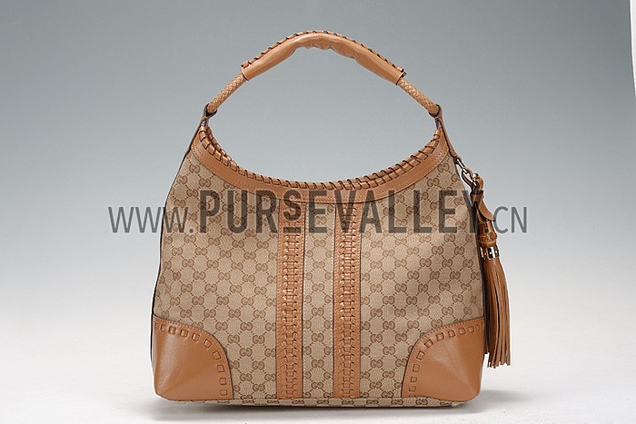 Gucci Medium Woven Tassels Tan Leather Trim Guccissima Hobo 607327