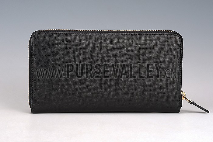 Prada Vernice Saffiano Leather Zip Around Black Wallet
