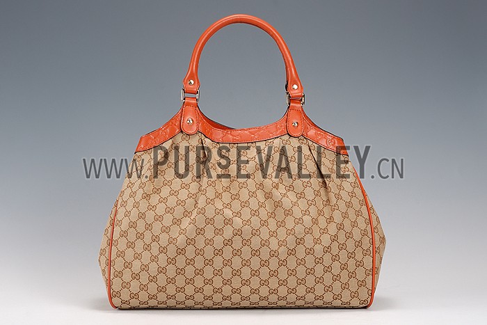 Gucci Sukey Large Tote Orange Trim Beige Fabric