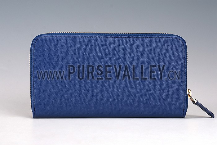 Prada Saffiano Leather Zip Around Dark Blue Wallet