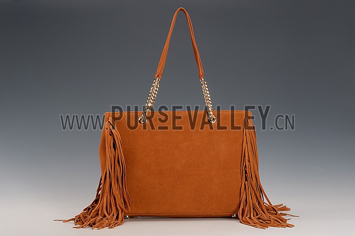 Saint Laurent Monogram Fringe Suede Chain Strap Tote Tan