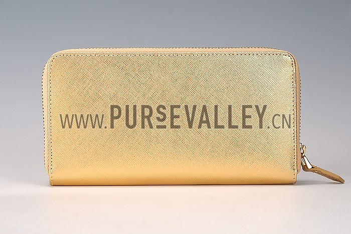Prada Saffiano Leather Zip Around Small Gold Wallet