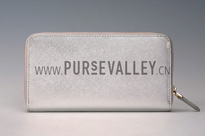 Prada Saffiano Leather Zip Around Silver Wallet