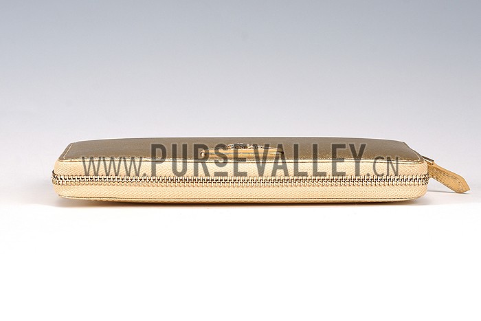 Prada Vernice Saffiano Leather Zip Around Gold Wallet