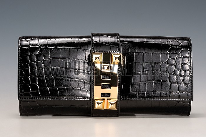 Hermes Medor Crocodile Leather Black Clutch 18926677