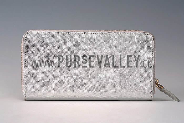 Prada Saffiano Leather Zip Around Small Silver Wallet