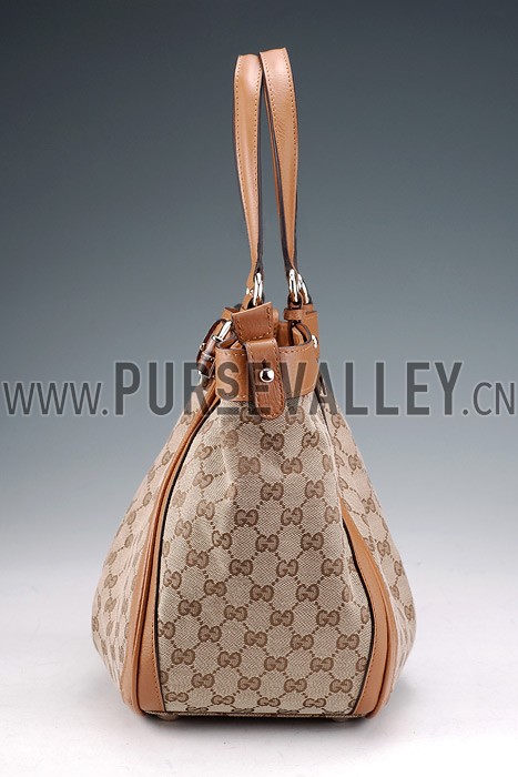 Gucci Belted Large Top Handle Bag Canvas Fabric Tan 7773