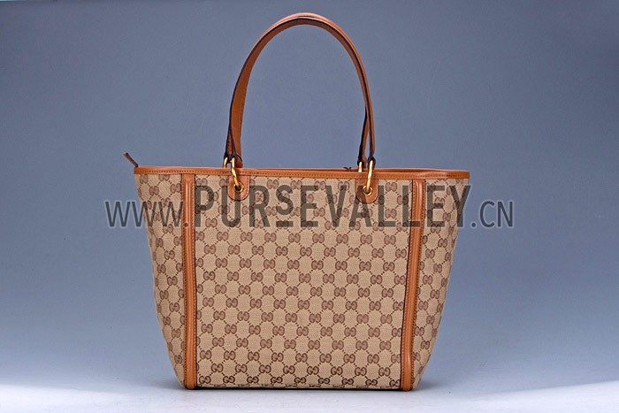 Gucci Large Logo Printed Canvas Tan Leather Trim Shopper Tote