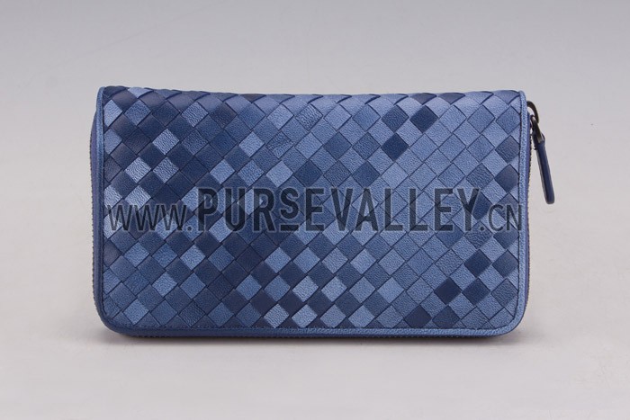 Bottega Veneta Intrecciato Nappa Zip Around Wallet Dark Blue