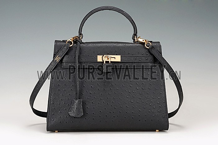 Hermes Kelly 32 Black Ostrich Leather 607478
