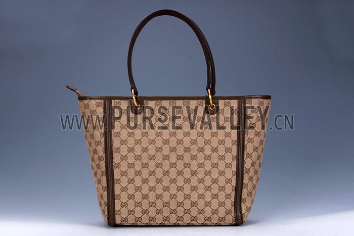Gucci Large Logo Printed Canvas Brown Leather Trim Shopper Tote