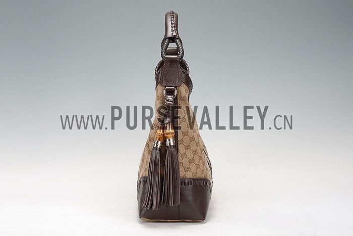 Gucci Medium Woven Tassels Brown Leather Trim Guccissima Hobo 607326