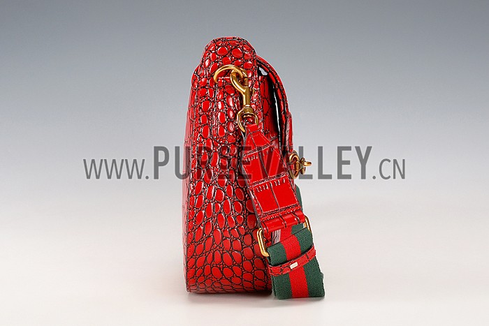Gucci Lady Web Medium Shoulder Bag Crocodile Leather Red