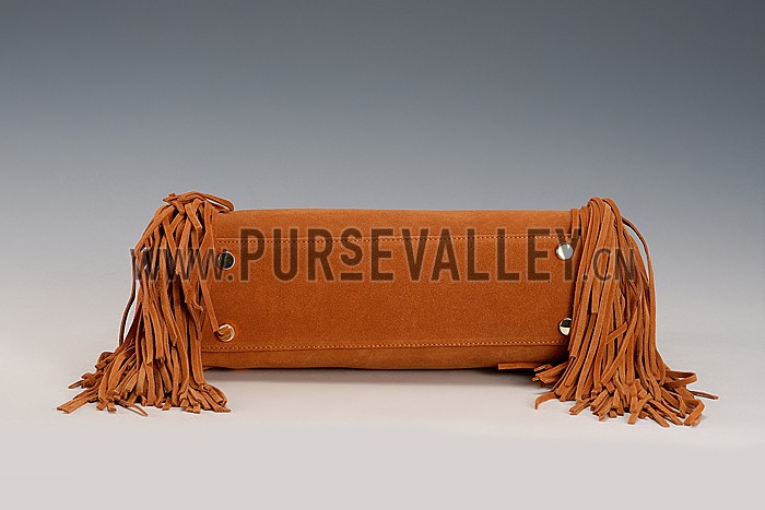 Saint Laurent Monogram Fringe Suede Chain Strap Tote Tan