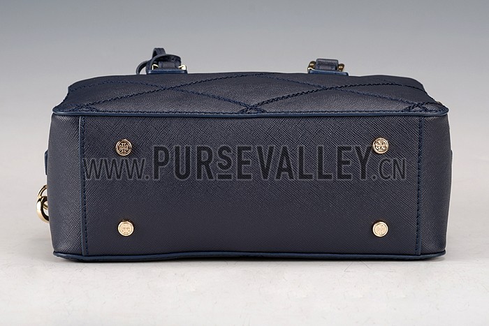 Tory Burch Robinson Stitched Square Tote Dark Blue