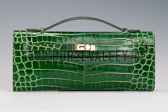 Hermes Kelly Longue Clutch Crocodile Leather Green 608168