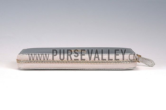 Prada Saffiano Leather Zip Around Silver Wallet