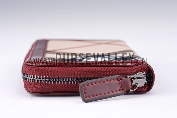Burberry Nova Check Zip Around Large Wallet Burgundy Trim