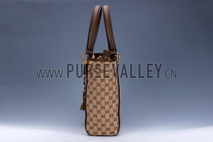 Gucci Large Logo Printed Canvas Brown Leather Trim Shopper Tote