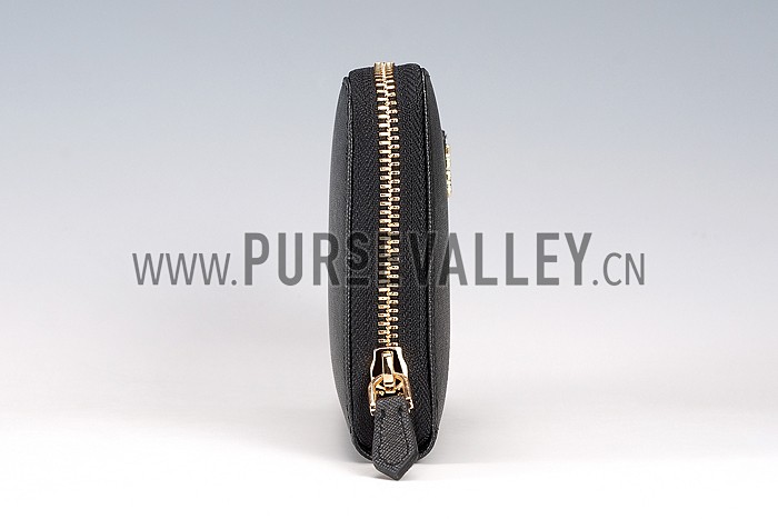 Prada Vernice Saffiano Leather Zip Around Black Wallet