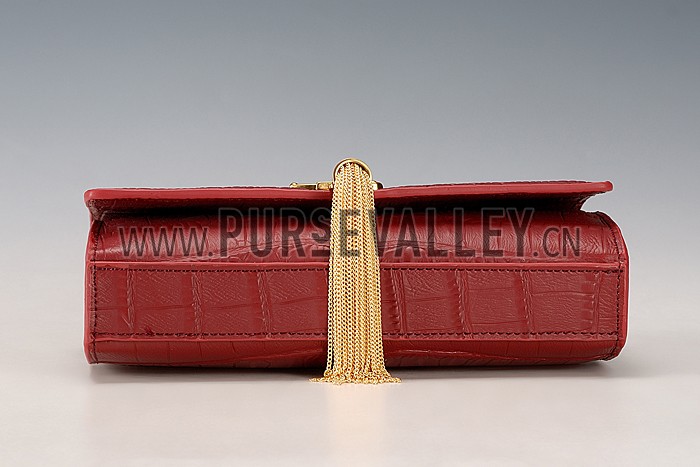 Saint Laurent Medium Tassel Crocodile Leather Clutch Bag Dark Red