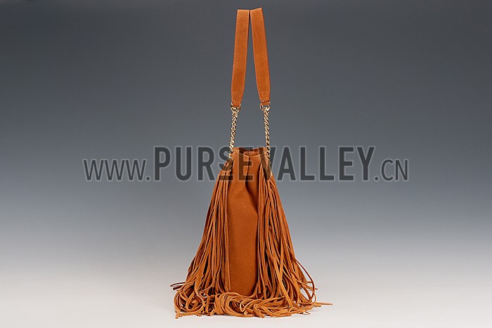 Saint Laurent Monogram Fringe Suede Chain Strap Tote Tan