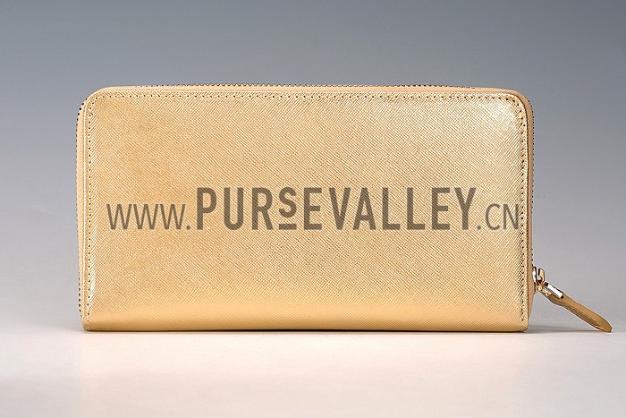 Prada Vernice Saffiano Leather Zip Around Gold Wallet